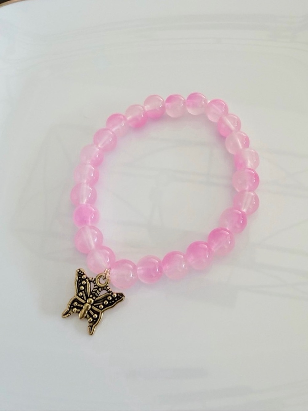 Girlhood Pink Beaded Bracelet with Gold Butterfly Charm Coquette Jewelry